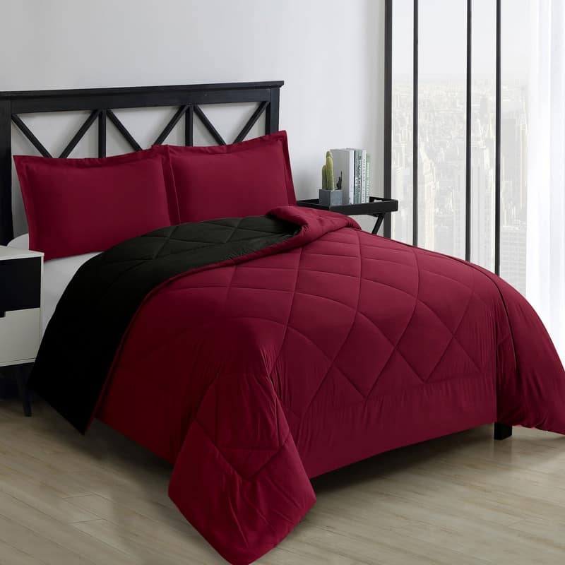 Swift Home Reversible Down Alternative Microfiber Bedding Comforter Set - Burgundy/Black - Twin