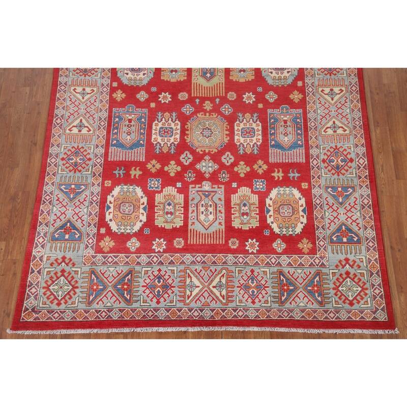 Hand Knotted Oriental 100% Wool Carpet Traditional Geometric Red Kazak Area Rug - 9' 8'' X 6' 4''