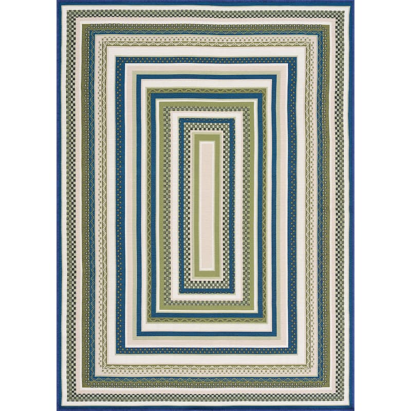 Sizzling Nautical & Coastal Striped Border Indoor/Outdoor Area Rug