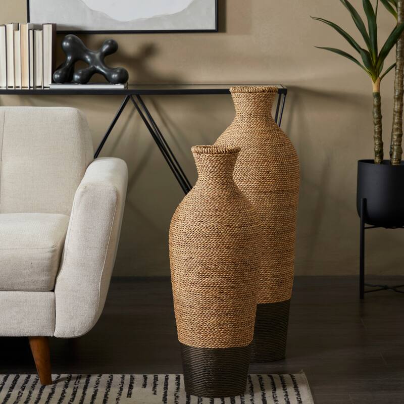 Artisan Crafted Tall Brown Seagrass Woven Floor Vase - Brown - 10"W, 28"H