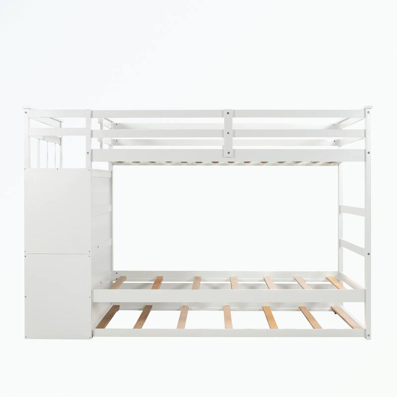 Hardwood Twin Over Twin Bunk Bed with Trundle and Staircase