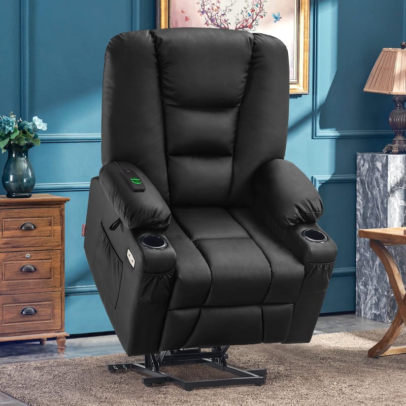 MCombo Large Lift Recliner Chair with Massage and Heat for Elderly, Extended Footrest, Cup Holders, USB Ports, Faux Leather 7539 - Black