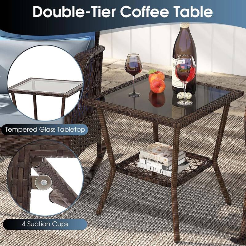 3 PCS Patio Rocker Set Wicker Chairs w/ Double-Layer Coffee Table
