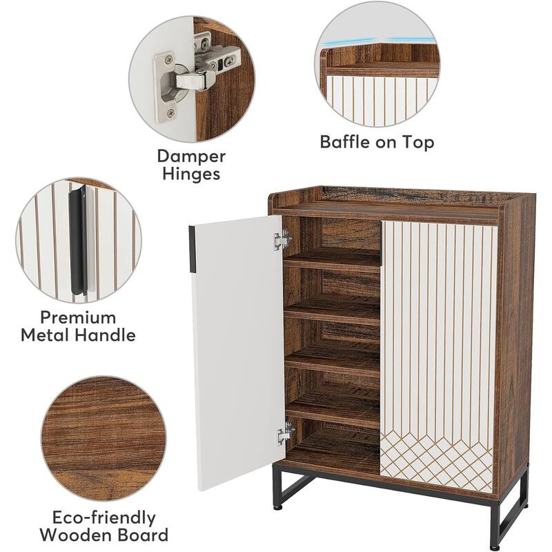 29" Brown & White Shoe Cabinet with Doors, 5 Tiers
