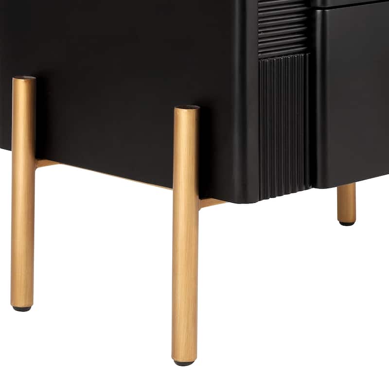 Modern Nightstand with 2 Storage Drawer, Fluted Bedside Table with Golden Metal Handles and Legs