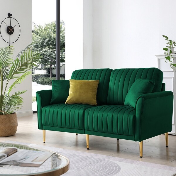 2 Seater Tufted Sofa Couch with 2 Throw Pillows Velvet Green