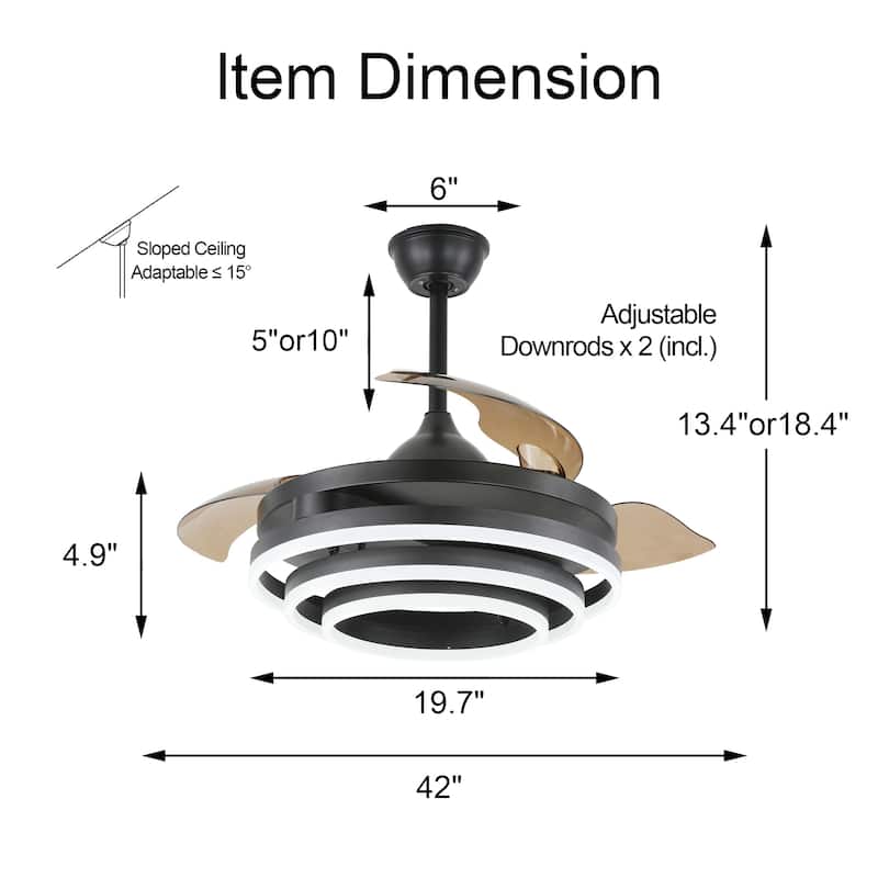 Bella Depot 42" Modern Retractable DIY Shape Ceiling Fan with Remote, 6-Speed Reversible Ceiling Fan with LED Light