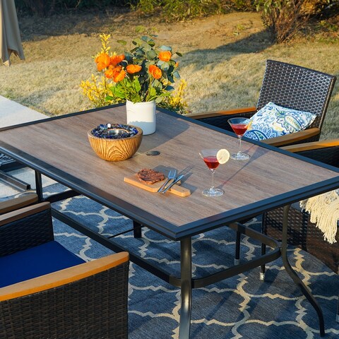 Wood-look PVC Patio Dining Table Steel Large Rectangular Table with Umbrella Hole