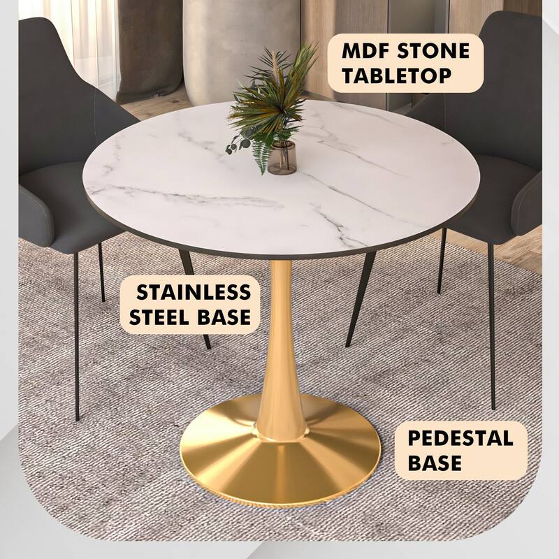 LeisureMod Bristol 35" Round Dining Table for 4 with MDF Tabletop in Gold Steel Base for Kitchen & Dining Room