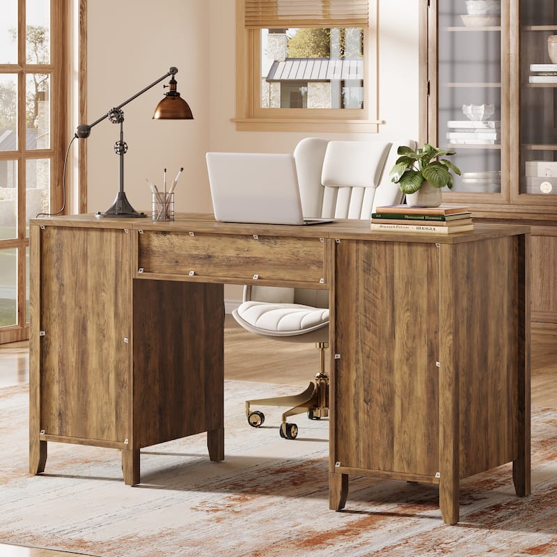 59 Inches Farmhouse Computer Desk with Storage Cabinets and Drawers