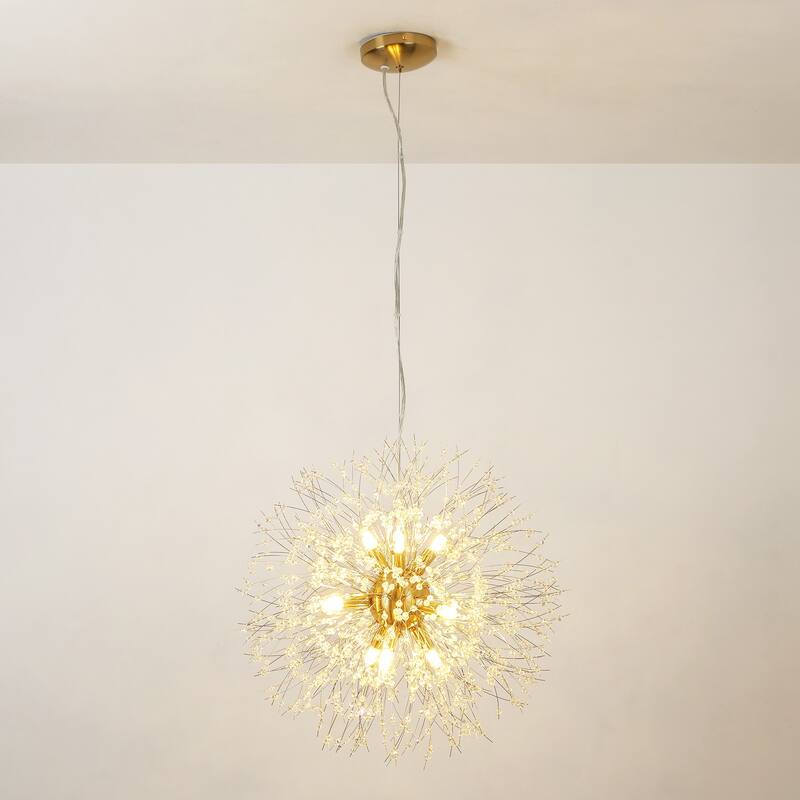 9-Light Modern Glam Sputnik Starburst Globe Pendant Linear Firework Crystal Chandelier for Living Room