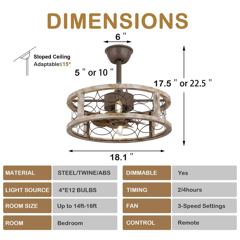 Bella Depot 18' Farmhouse Wood Cage Ceiling Fan, 3-speed Reversible Ceiling Fan with Light kit and Remote Control - 18 Inches