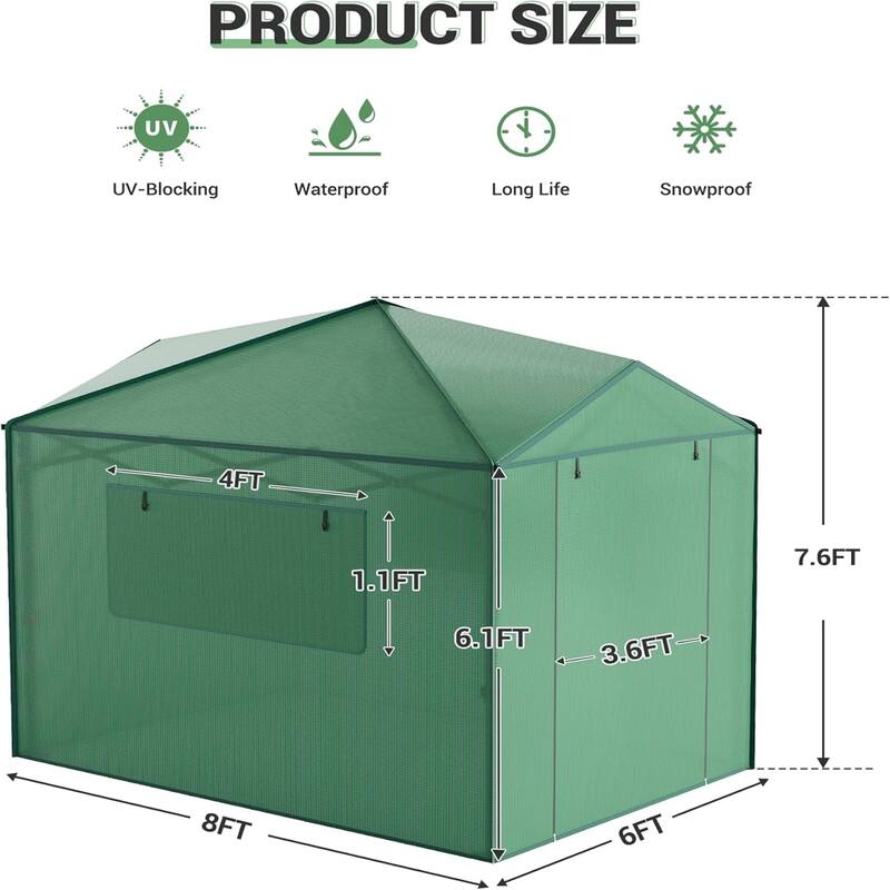 6*8 ft Portable Pop-Up Greenhouse, Featuring Zippered Doors and Mesh Window Walls, Green. - 6*8FT