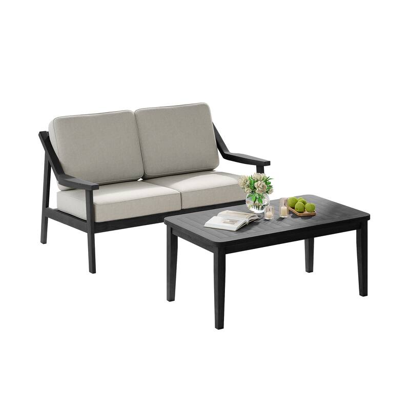 2-piece Brown/ Black Teak Cushioned Patio Loveseat Set with Coffee Table
