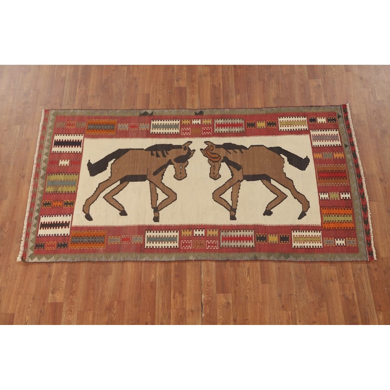 Ivory / Beige Kilim Qashqai Persian Vintage Rug Flatweave Wool Carpet - 3'7" x 6'6"