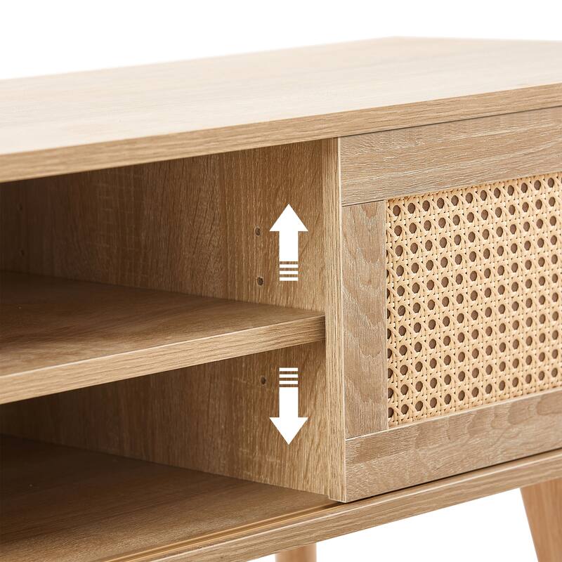 55.12" TV Stand with Double Sliding Doors, Solid Wood Legs and Adjustable Shelf for Living Room