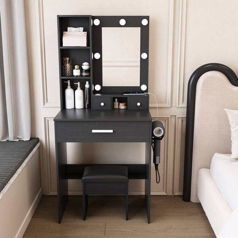 Vanity Table with Mirror & Adjustable LED Lights, Power Outlet, Hairdryer Holder & Stool - Compact Dressing Desk - Black