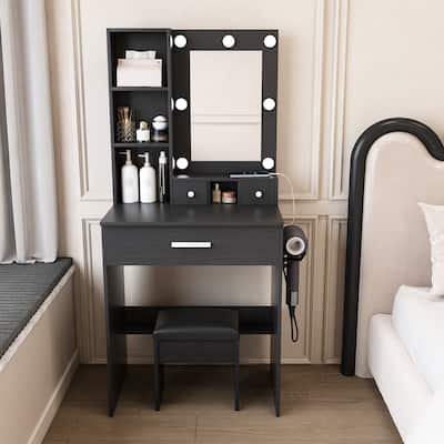 Vanity Table with Mirror & Adjustable LED Lights, Power Outlet, Hairdryer Holder & Stool - Compact Dressing Desk