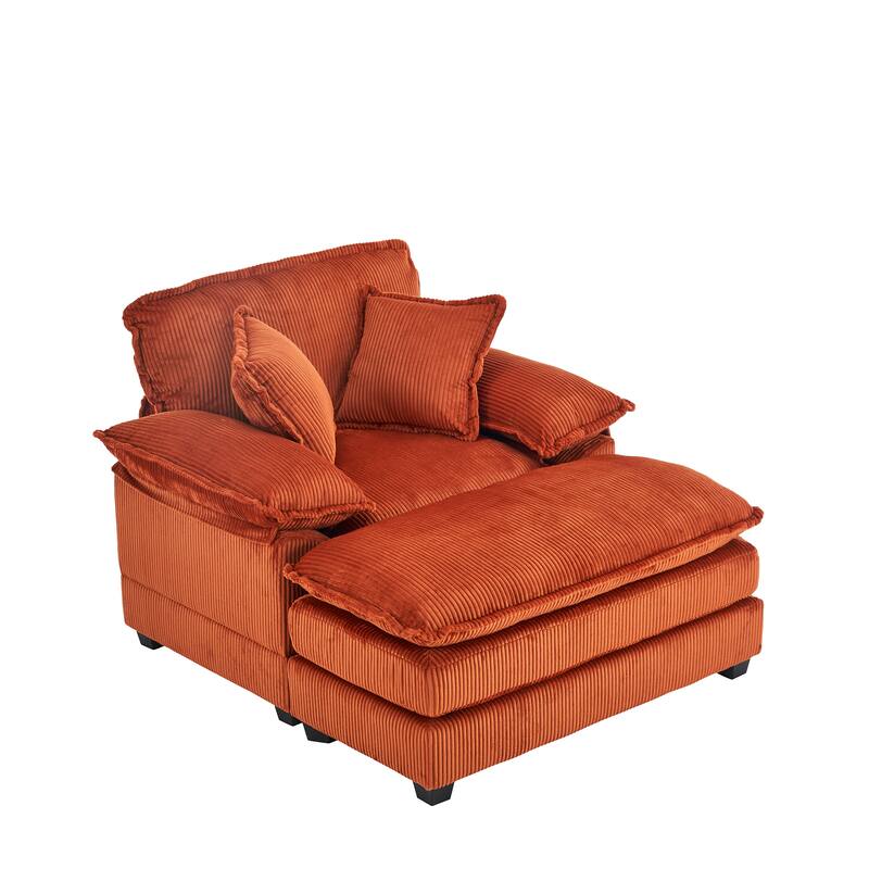 56.3 Inch Corduroy Single Deep Seat Sofa Chair With 2 Toss Pillows and a Ottoman