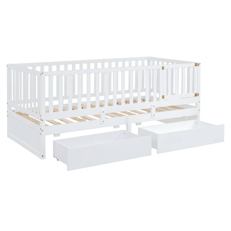Pine Wood Daybed Floor Bed Frame with Fence Guardrails and 2 Drawers, Converts into Two Individual Beds, No Box Spring Needed