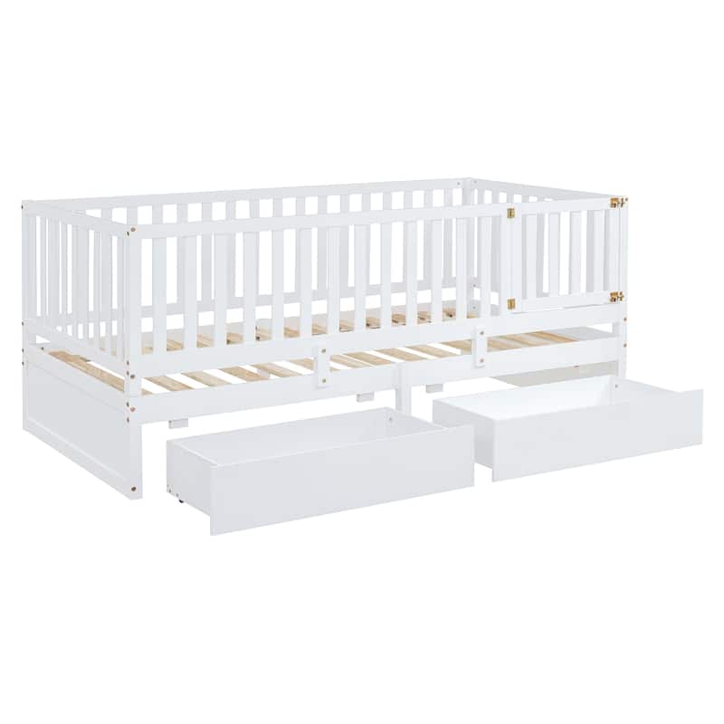 Twin Size Wood Daybed with Fence Guardrails and 2 Drawers, Split into Independent Floor Bed & Daybed, White