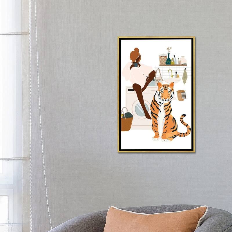 iCanvas "Tiger In Laundry Room" by Jania Sharipzhanova Framed Canvas Print