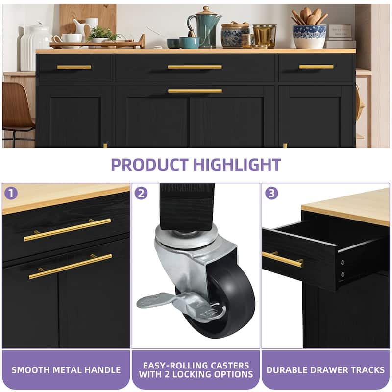 Moasis 55 inch Rolling Kitchen Island with Drop Leaf and Pull Out Garbage Bin Cabinet fits