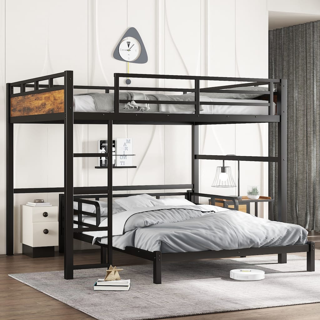Roomfitters Queen over Queen Metal Bunk Bed, Split into Loft and Platform Bed, Vintage Wood