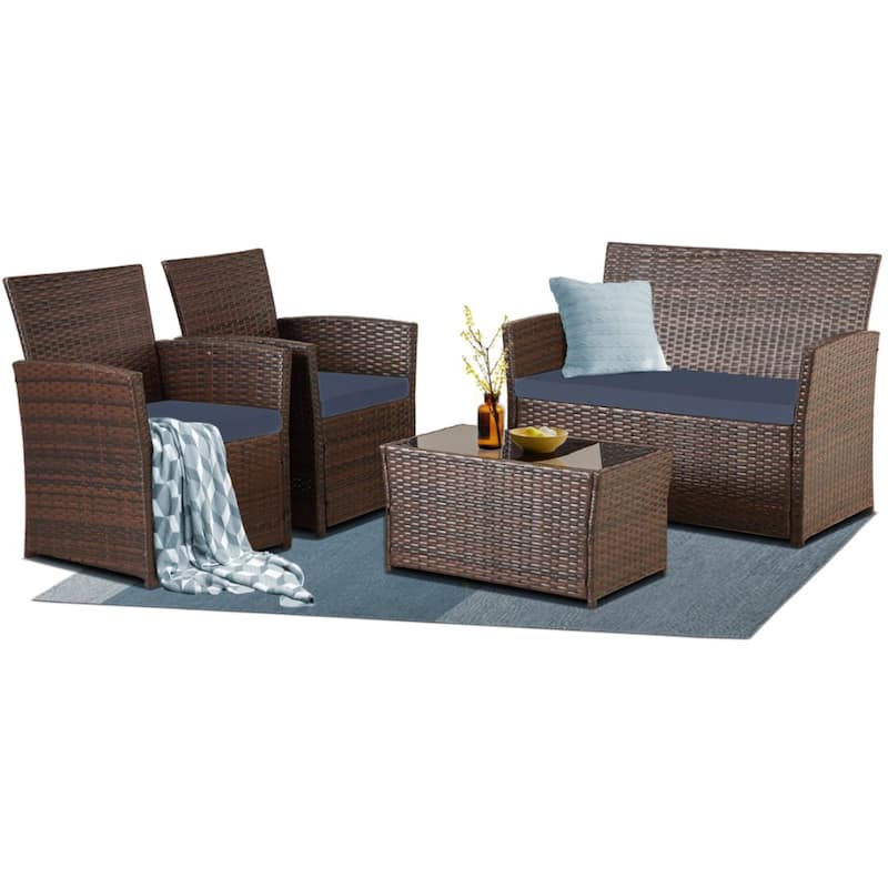 4-Piece Wicker Outdoor Sofa Set, 1 Loveseats, 2 Single Sofas, 1 Table