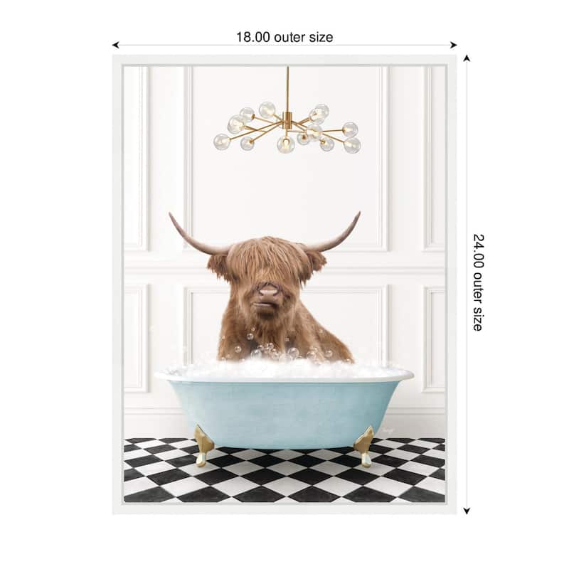 Kate and Laurel Sylvie Highland Cow in Blue Bathtub on Checker Floor Framed Canvas by Amy Peterson