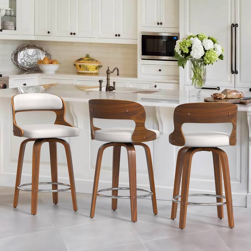 26.in Modern Set of 3 Leather Bar Stool Swivel Upholstered Hollow Back Counter Height Barstool with Wood Frame - White