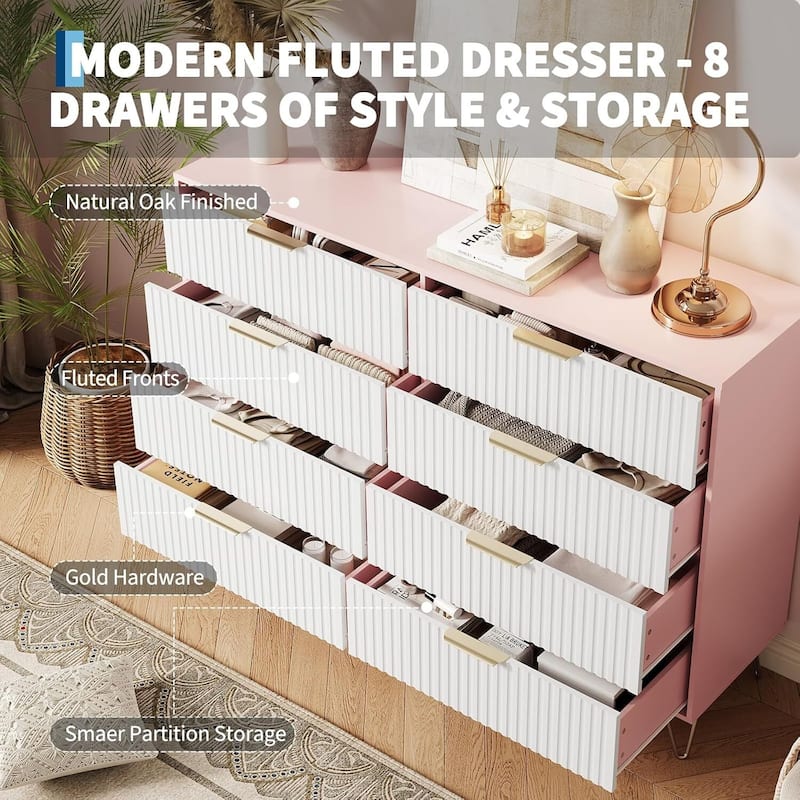 55" Wide Modern Fluted Dresser for Bedroom with 8 Drawers
