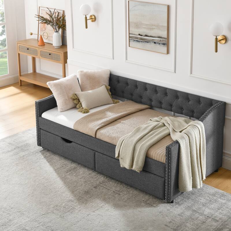 Roomfitters Twin/Full/Queen Upholstered Daybed with Tufted Backrest, Nailhead Trim and Underbed Storage Trundle - Dark Grey - Twin