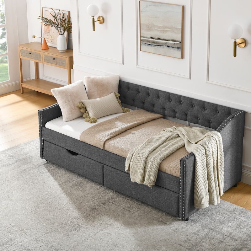 Tufted Button Daybed with 2 Storage Drawers/Upholstered Sofa Bed Frame w/Copper Nail on Waved Shape Armrests/No Spring Box Need - Dark Grey - Twin