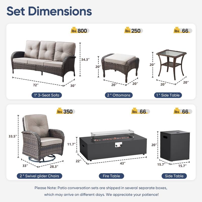 Pocassy Outdoor Sofa Swivel Chair Set with Fire Pit Table