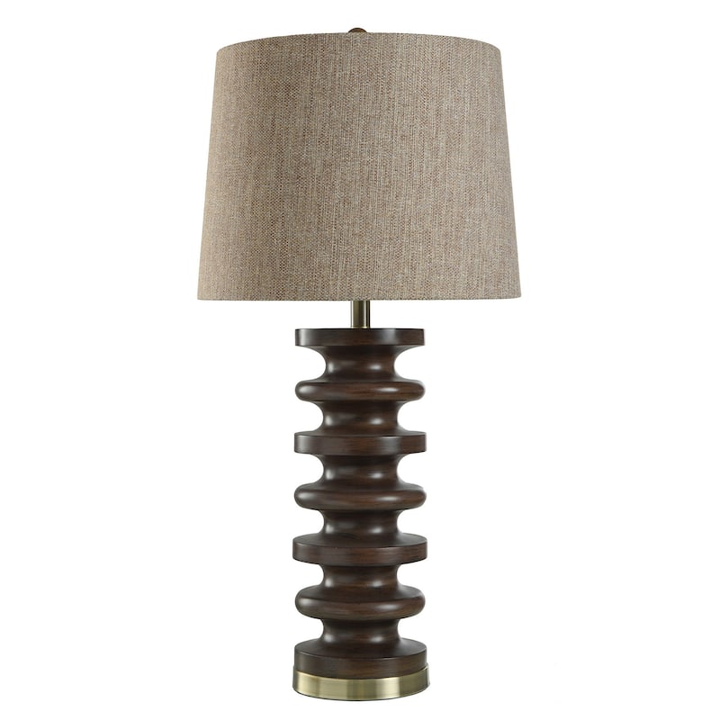 Walnut Ridge Table Lamp - Fishbone Polyresin and Aged Brass Body - Heathered Brown Shade - Brown Walnut, Aged Brass, Heathered Brown