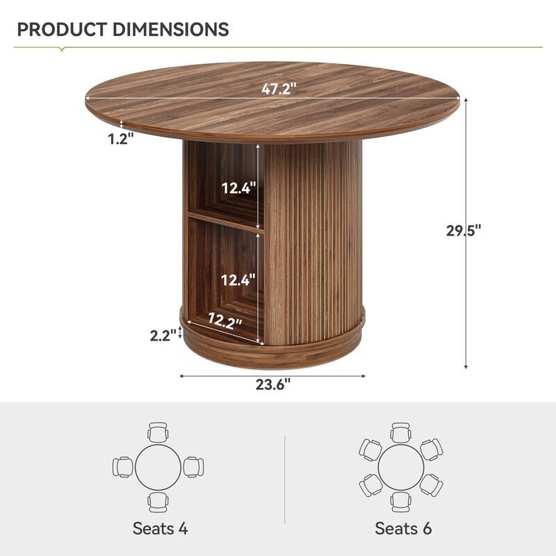 47-Inch Round Dining Table for 4-6, Kitchen Table with 2-Layer Shelf Cylindrical Pedestal