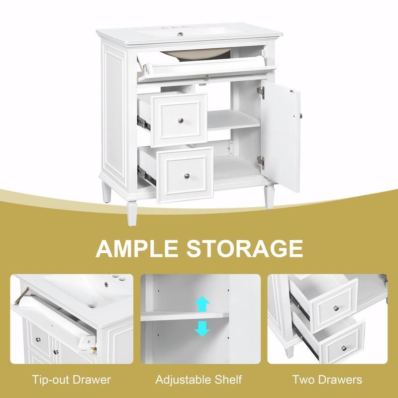 30 Inch Bathroom Vanity with Sink, Modern Vanity Cabinet with One Flip Drawer and Two Storage Drawers