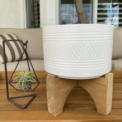 Mid-Century 7" Mountain Ceramic Planter on Wood Stand