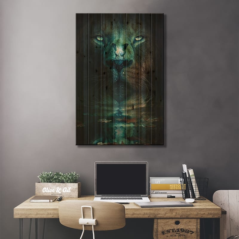 Lion And Butterfly Print On Wood by Adam Cousins - Multi-Color
