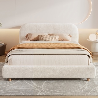 Upholstered Platform Bed with Curve-Shaped Design Headboard