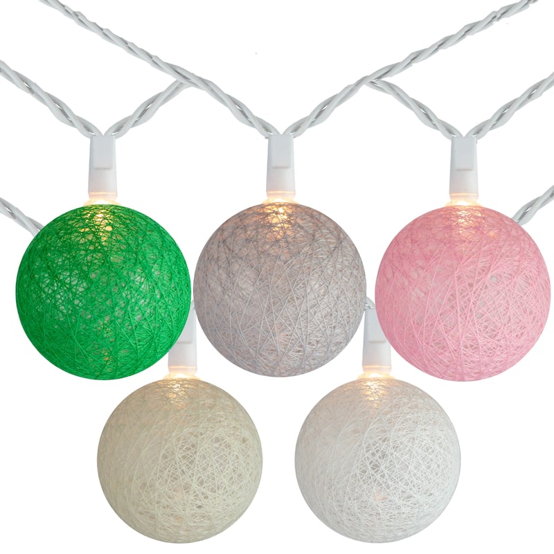 10 Multi-Color Yarn Ball Patio Globe Lights - 8.6 ft White Wire - 8.6'