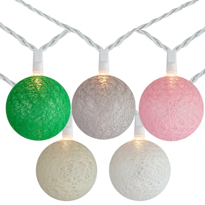 10 Multi-Color Yarn Ball Patio Globe Lights - 8.6 ft White Wire - 8.6'