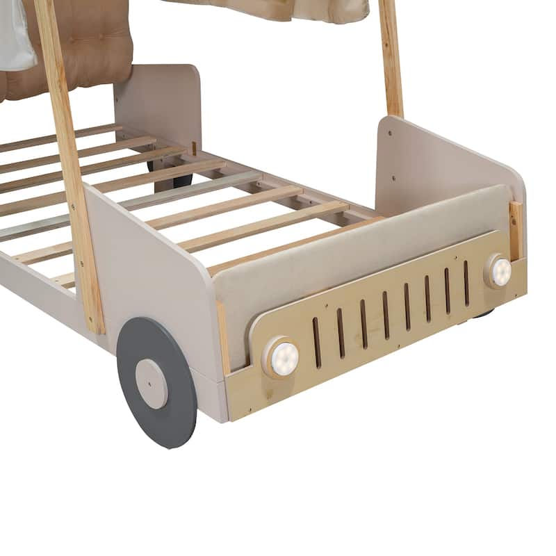 Wood Car Shaped Bed with Pillow,Ceiling Cloth,LED Light and 4 Wheels