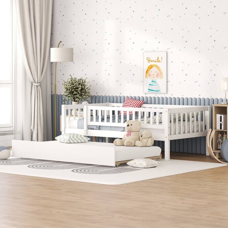 Twin Size Wood Daybed with Trundle and Fence Guardrails