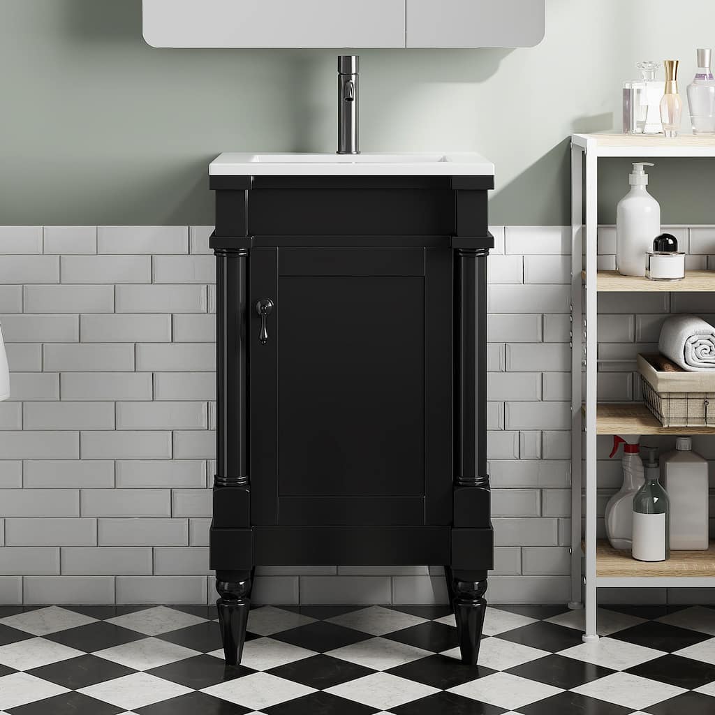 Roomfitters 18" Vanity with Sink, Freestanding Bathroom Cabinet with Door and Shelf, Small Space Storage Unit