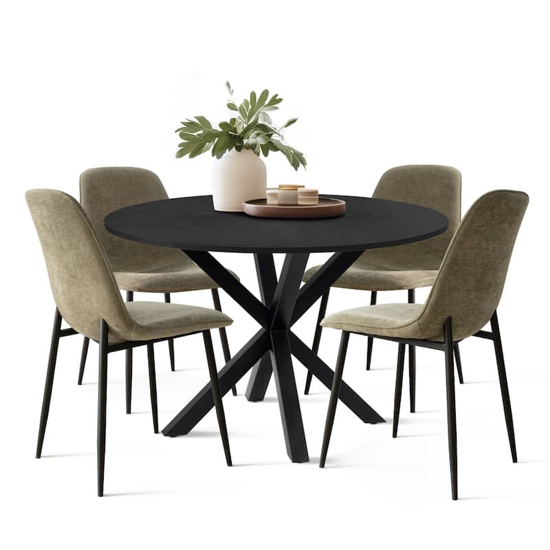 Round Dining Table Set for 4 with Upholstered Chairs and Pedestal Base - Green