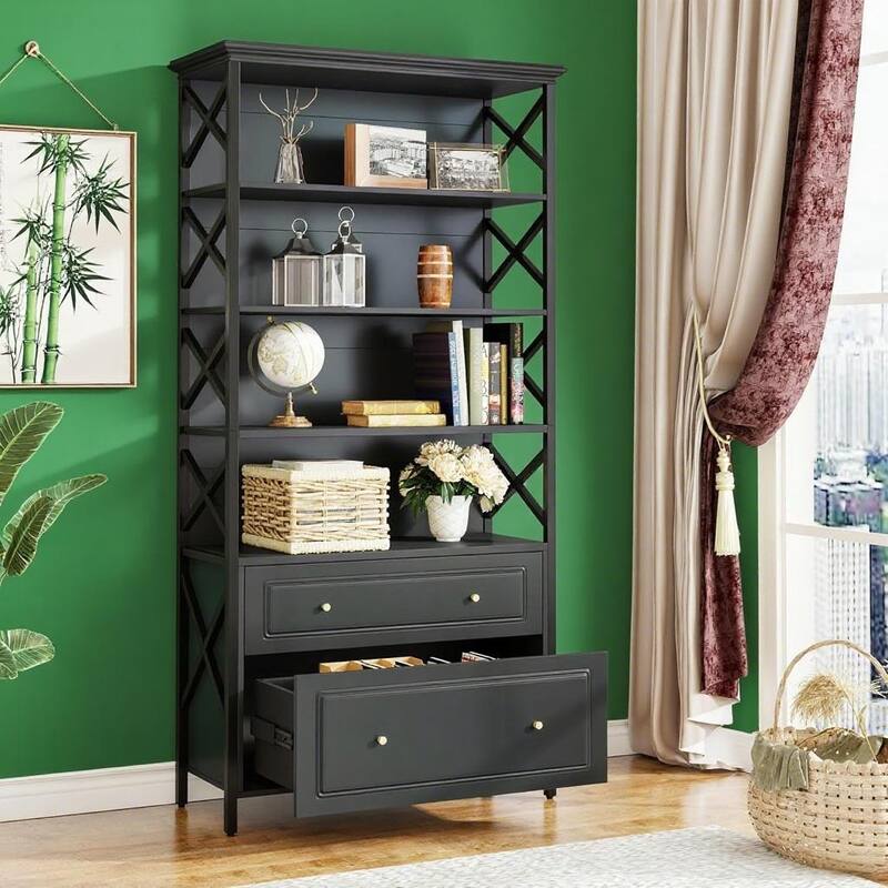 5 Tier Black Bookshelf with 2 Drawers and File Storage Industrial Shelving Unit for Home Office Living Room