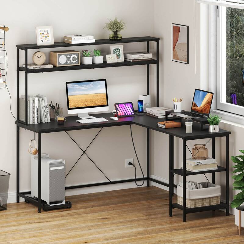 Costway L-Shaped Gaming Desk with LED Strip & Power Outlets Hutch - See Details