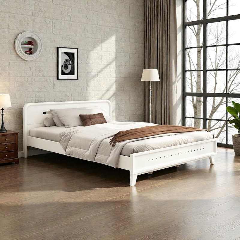 Modern Solid Wood Platform Bed, Pine Wood Queen/King Bed Frame with Slats, Stable No Box Spring